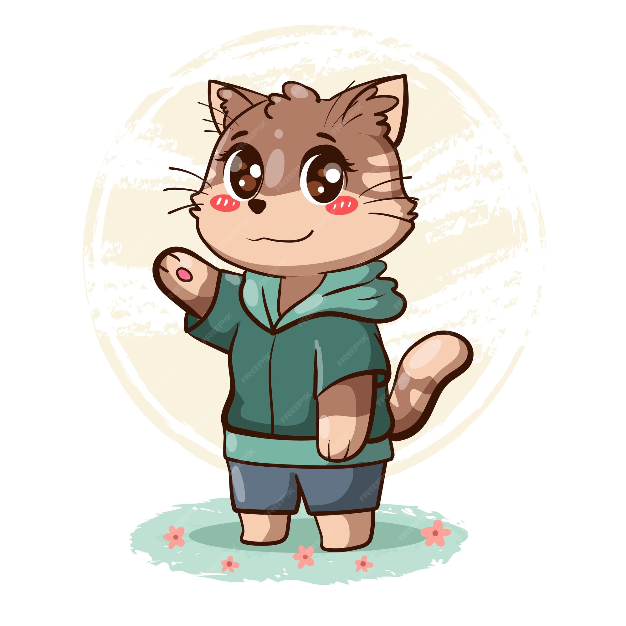 Gato adorável kawaii com estilo de roupa legal personagem de desenho  animado estilo desenhado à mão, roupa kawaii desenho 