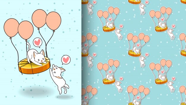 Gato adorável sem costura está voando com um padrão de balão de moedas de ouro