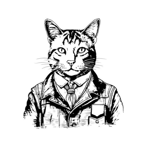 Gato antropomórfico logotipo vintage conceito de arte de linha preto e branco ilustração desenhada à mão