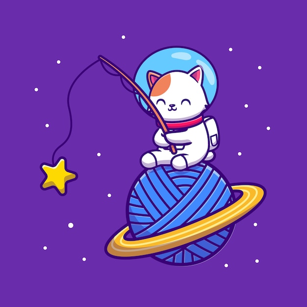 Gato astronauta fofo estrela de pesca em vetor de desenho animado planeta lã