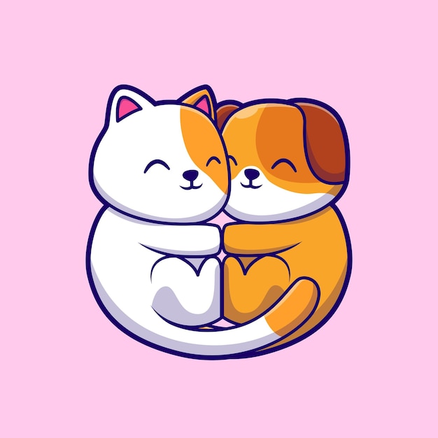 Gato bonito abraço cão ilustração vetorial ícone dos desenhos animados. Conceito de ícone de natureza animal isolado plano
