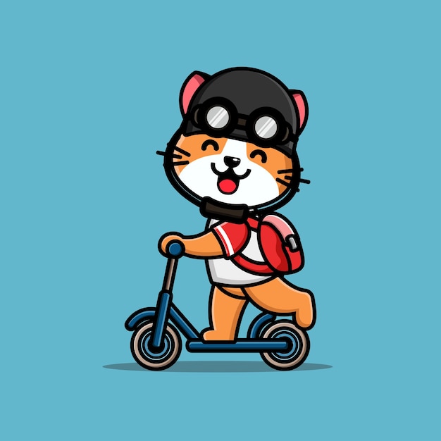 Vetor gato bonito andando de patinete e use capacete
