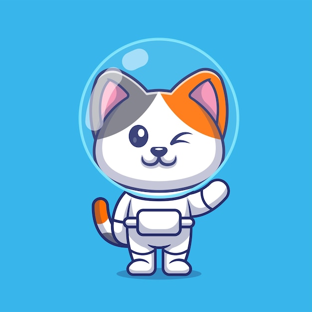 Vetor gato bonito astronauta acenando mão ilustração vetorial ícone dos desenhos animados ícone da ciência animal isolado plano