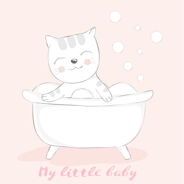 Gato bonito bebê com estilo de mão desenhada de desenhos animados de banheira