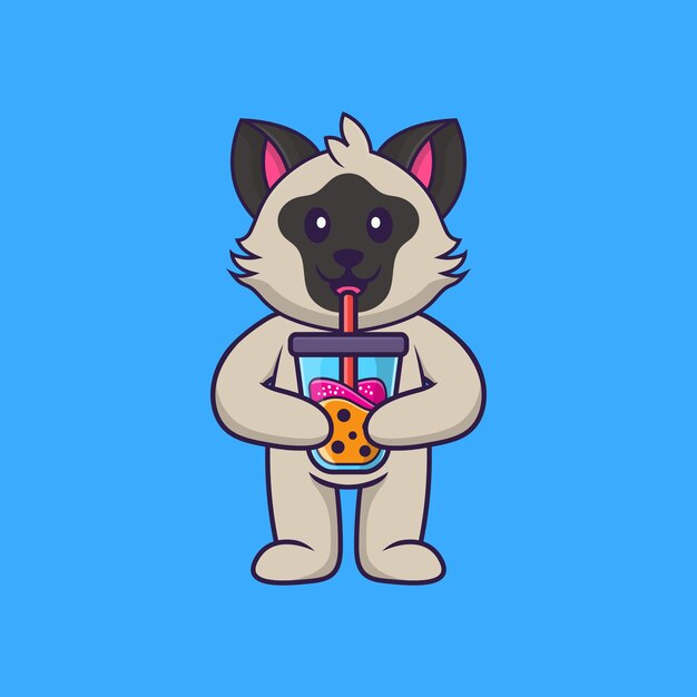 Vetor gato bonito bebendo chá com leite boba. conceito de desenho animado animal isolado. estilo flat cartoon