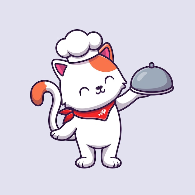 Gato bonito chef segurando ilustração em vetor cloche comida dos desenhos animados.