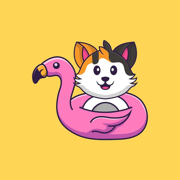 Gato bonito com bóia de flamingo. conceito de desenho animado animal isolado. estilo flat cartoon