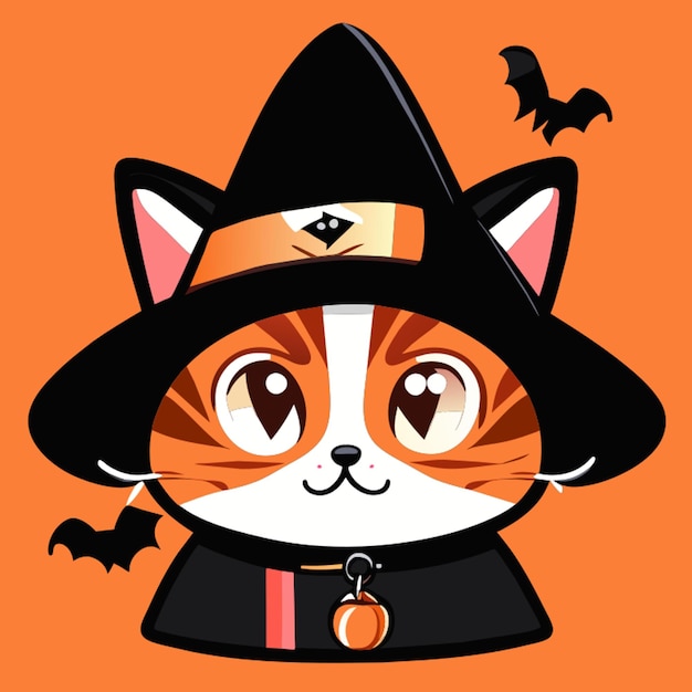 Vetor gato bonito com chapéu de halloween ilustração vetorial