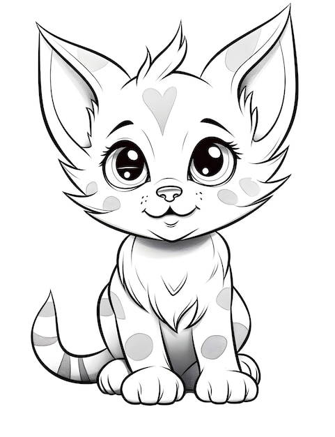 Gato bonito com desenhos animados de olhos grandes para colorir para crianças lineart de fundo branco