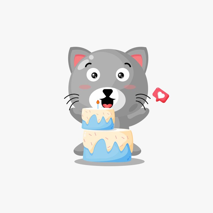 Vetor gato bonito com ilustração de desenho animado de bolo de aniversário