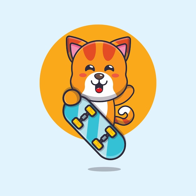 Gato bonito com ilustração de mascote de desenho de skate