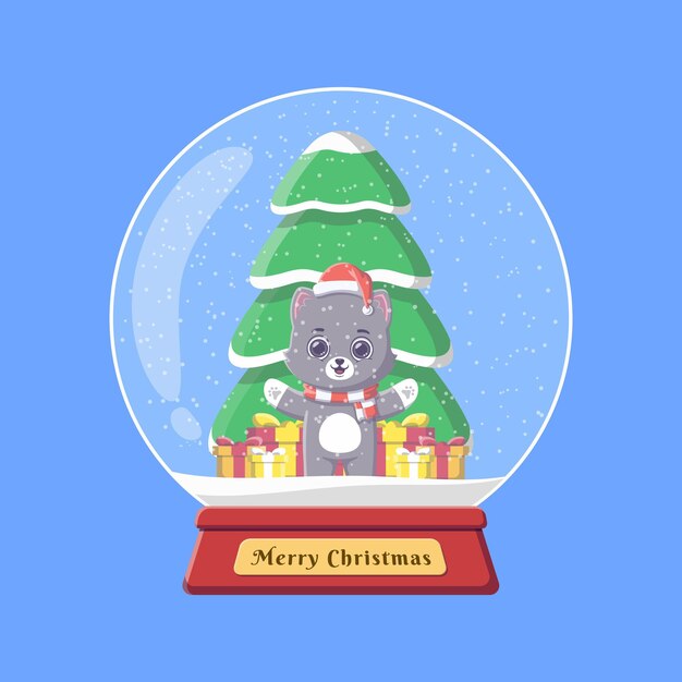 gato bonito com presentes e árvore de natal no globo de neve