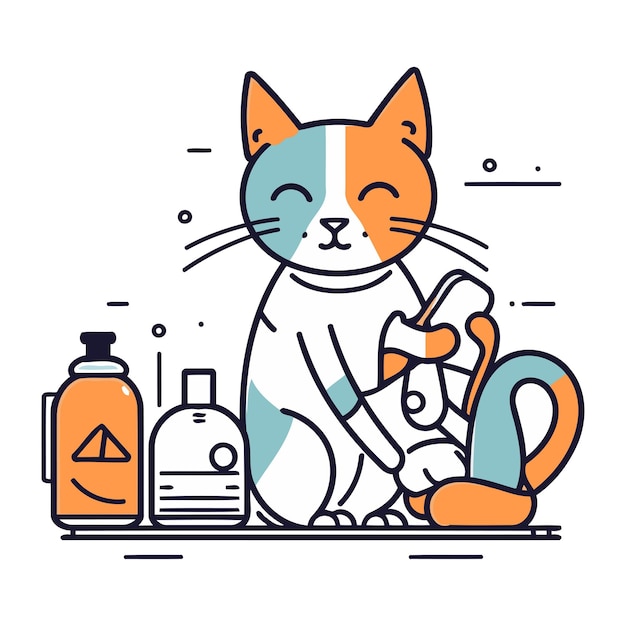 Vetor gato bonito com uma garrafa de shampoo ilustração vetorial de estilo linear
