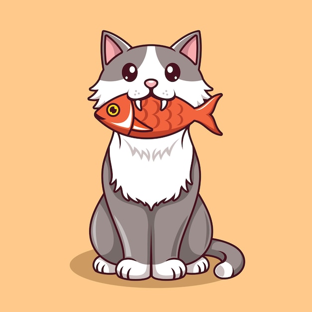 Vetor gato bonito comendo ilustração vetorial de desenho animado de peixe