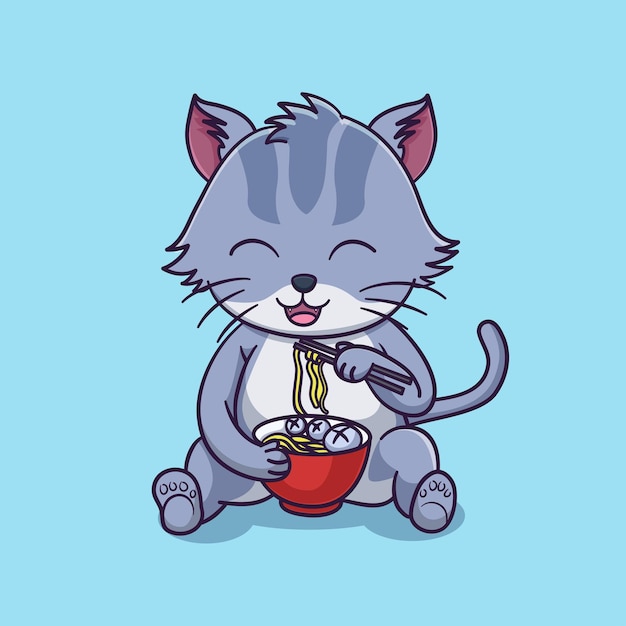 Gato bonito comendo macarrão com ilustração de ícone de vetor de desenhos animados de pauzinho