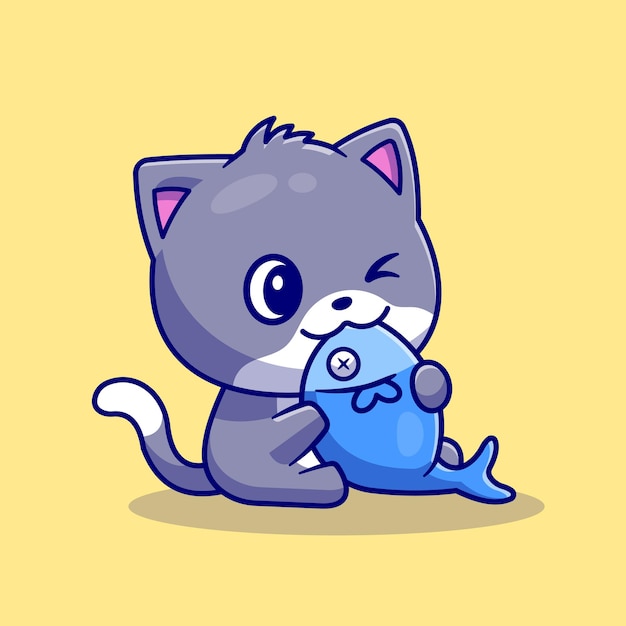 Gato bonito comendo peixe ilustração vetorial ícone dos desenhos animados. conceito de ícone de alimento animal isolado vetor premium. estilo flat cartoon