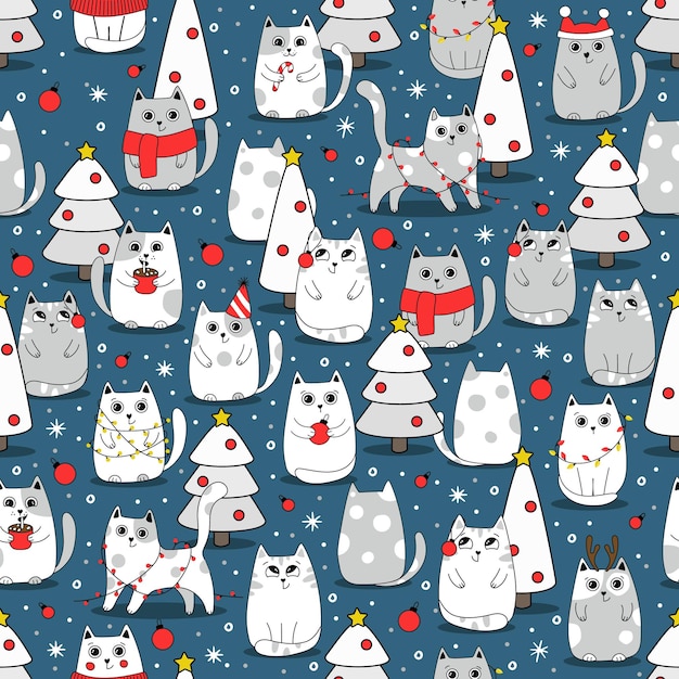 Gato bonito de fundo sem costura na neve para o estilo doodle de inverno