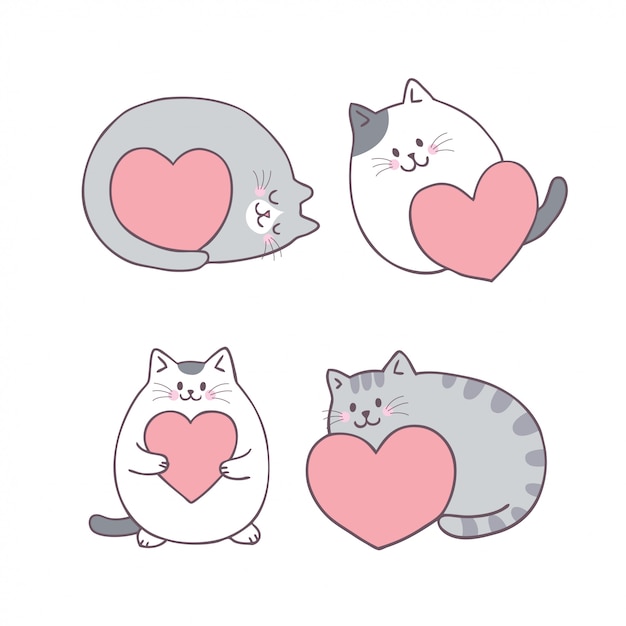 Gato bonito do dia de valentim dos desenhos animados e vetor do amor.