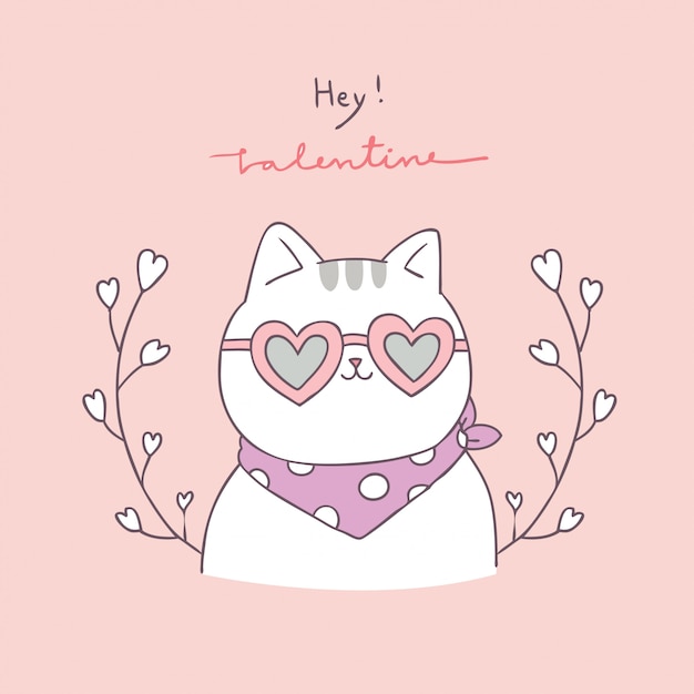 Gato bonito do dia de valentim dos desenhos animados e vetor do amor.