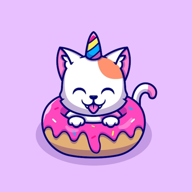 Gato bonito do unicórnio com personagem de desenho animado donut. alimento animal isolado.