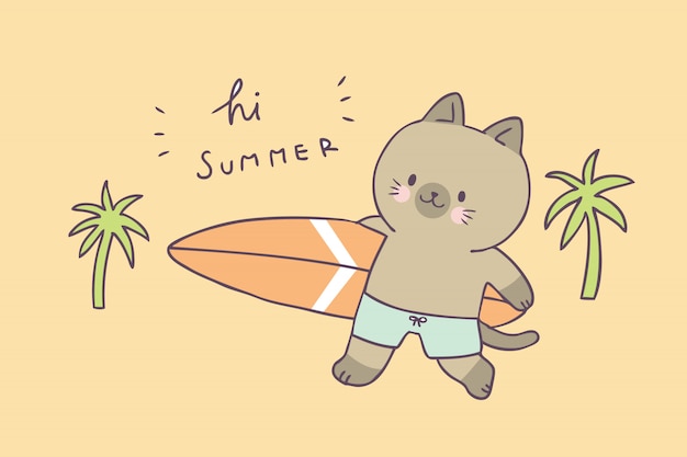 Gato bonito do verão dos desenhos animados e vetor surfando.