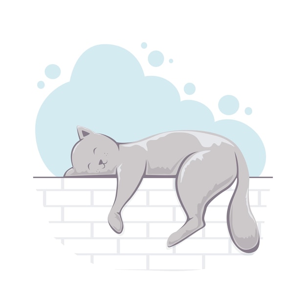 Gato bonito dormindo na parede de tijolos. personagem de desenho animado. gatinho feliz em um fundo branco. a ilustração pode ser usada para cartão de férias, design de roupas ou coisas infantis, banners, loja de animais.