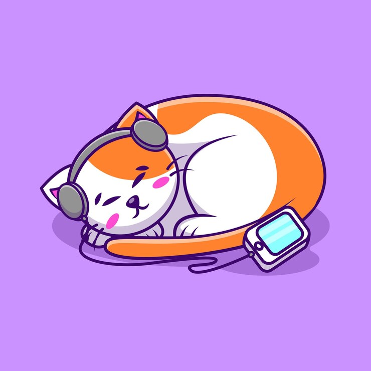 Gato bonito dormindo ouvindo música com fone de ouvido Ilustração vetorial de desenho animado Conceito de desenho gráfico plano
