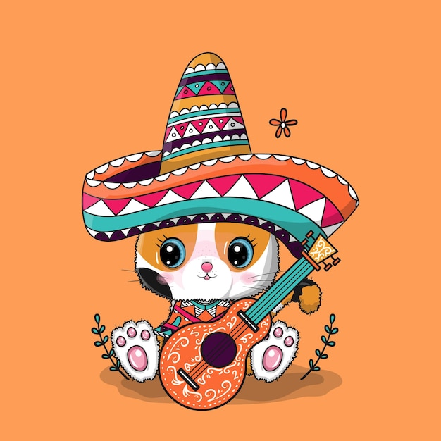 Gato bonito dos desenhos animados com chapéu do méxico. cinco de maio