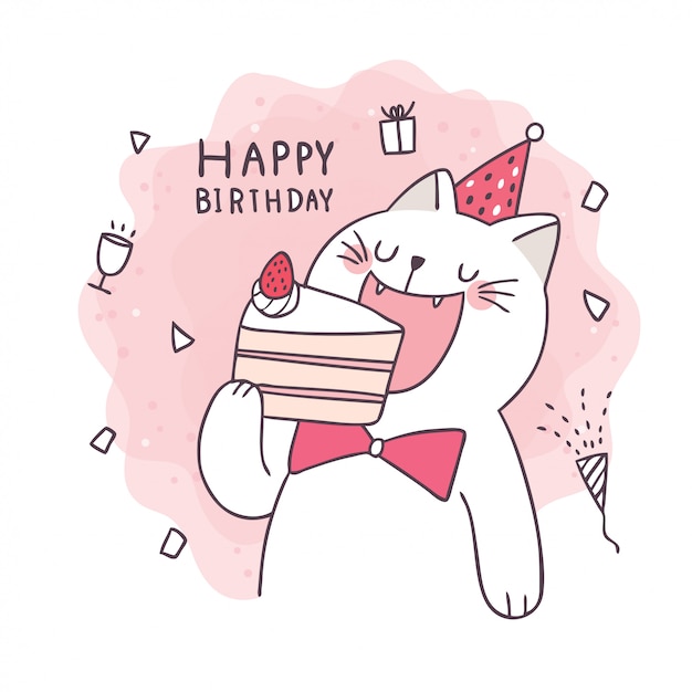 Gato bonito dos desenhos animados, comendo bolo, feliz aniversário