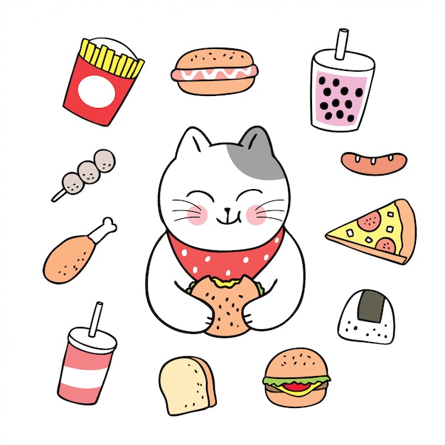 Gato bonito dos desenhos animados, comendo o vetor de alimentos.