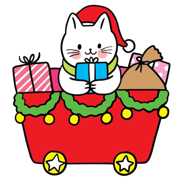 Gato bonito dos desenhos animados no vetor de natal.