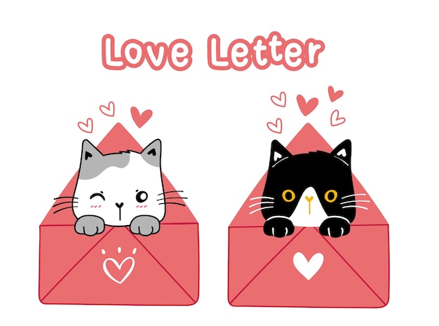 Gato bonito dos namorados preto e branco em carta de amor rosa, ilustração dos desenhos animados doodle vetor desenhado à mão