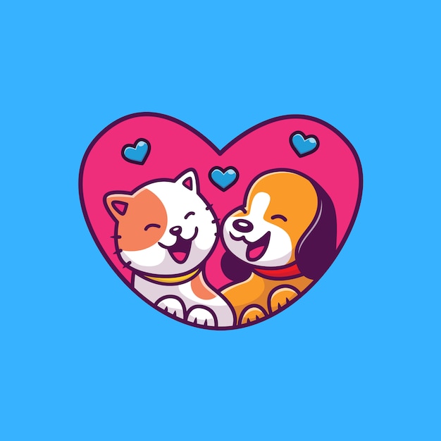 Gato bonito e cão com amor Icon ilustração. Conceito de ícone animal isolado. Estilo cartoon plana