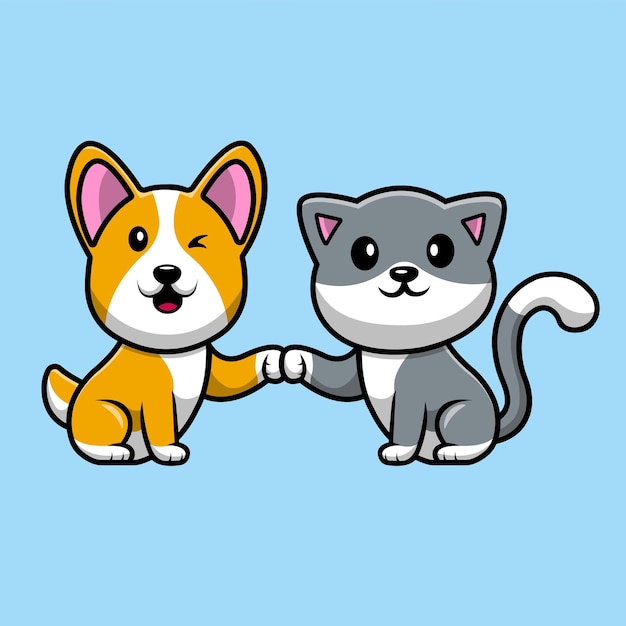 Vetor gato bonito e ilustração de ícone de desenho animado de cão corgi