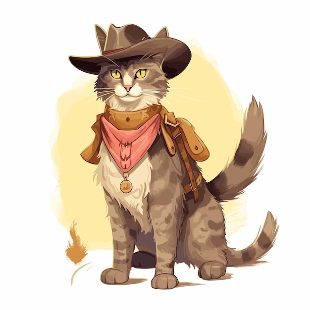 Vetor gato bonito em chapéu de cowboy mascote ilustração desenhada à mão