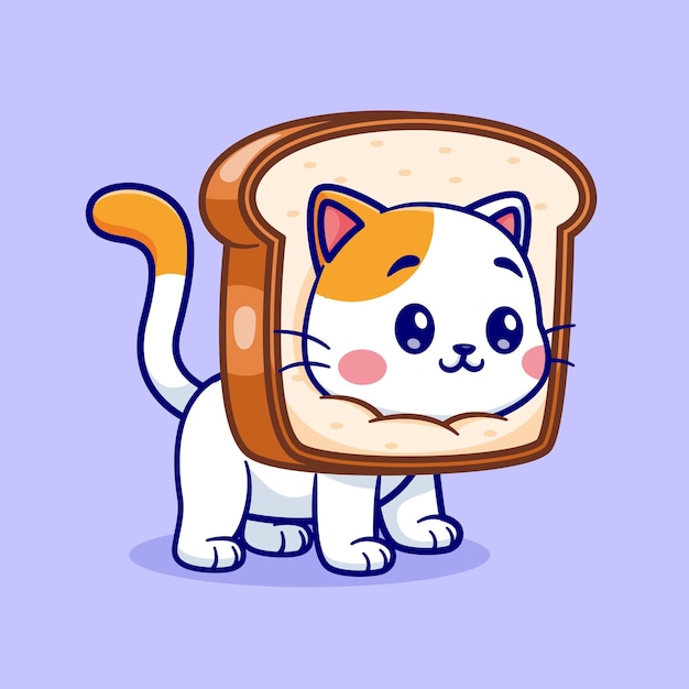 Gato bonito em pão Ícone vetorial de desenho animado Ilustração Ícone de comida animal Vector plano isolado