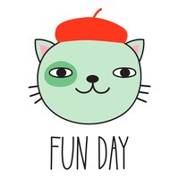 Gato bonito em uma boina vermelha e letras diversão. estilo doodle. ilustração vetorial
