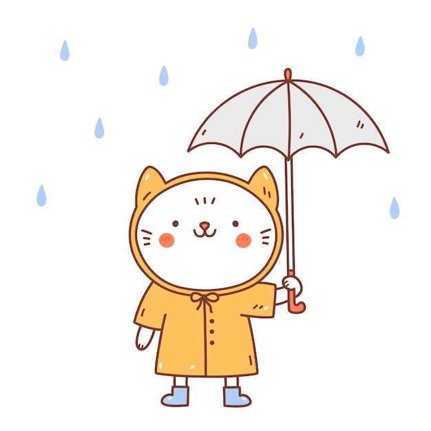 Gato bonito em uma capa de chuva amarela e botas de borracha sob um guarda-chuva estilo kawaii