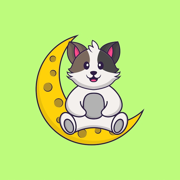 Gato bonito está sentado na lua. Conceito de desenho animado animal isolado.