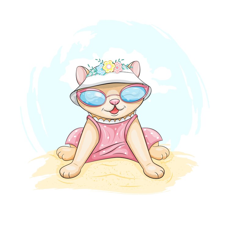 Vetor gato bonito feliz usando vestido rosa e óculos de sol, sentado em uma praia de areia à beira-mar