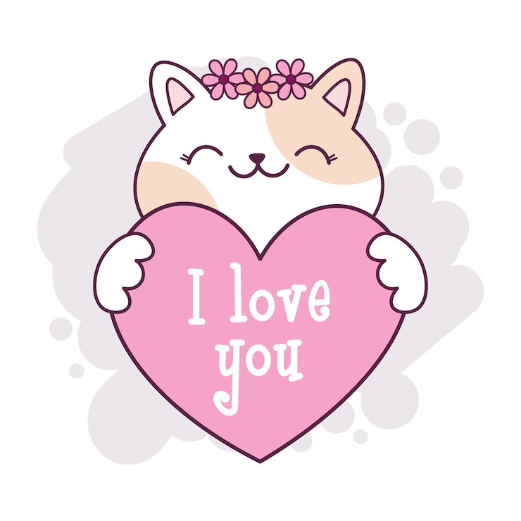 Vetor gato bonito kawaii segurando um coração com o texto eu te amo. ilustração de desenhos animados desenhados à mão