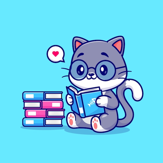 Gato bonito lendo livro dos desenhos animados ilustração do ícone do vetor. conceito de ícone de educação animal isolado vetor premium. estilo de desenho animado plano