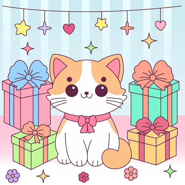Gato bonito na ilustração da festa de aniversário