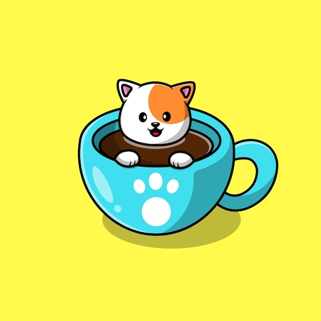 Gato bonito na ilustração de ícone vetorial dos desenhos animados de xícara de café