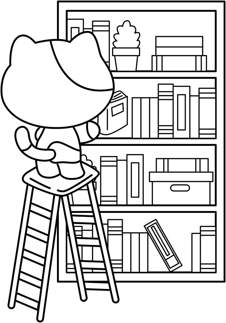 Vetor gato bonito pegando um livro da estante em cor preto e branco