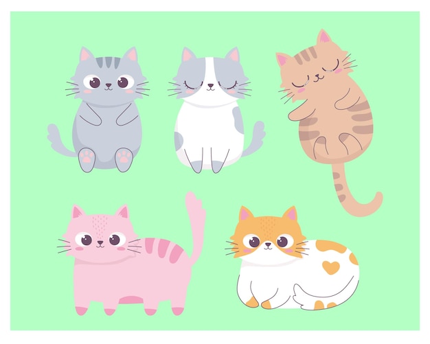 gato bonito pose diferente animal de desenho animado personagem engraçado ilustração vetorial