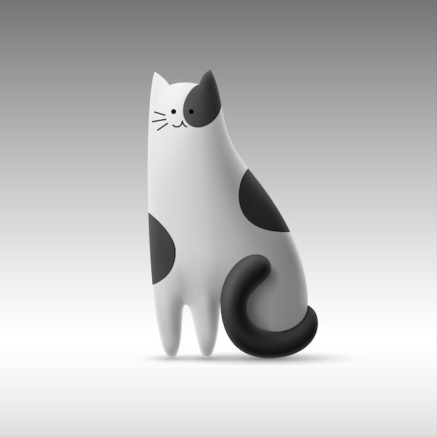 Vetor gato bonito preto e branco manchado em estilo cartoon 3d ilustração isolada de gatinho engraçado feliz volumétrico modelo vetorial de gato sentado