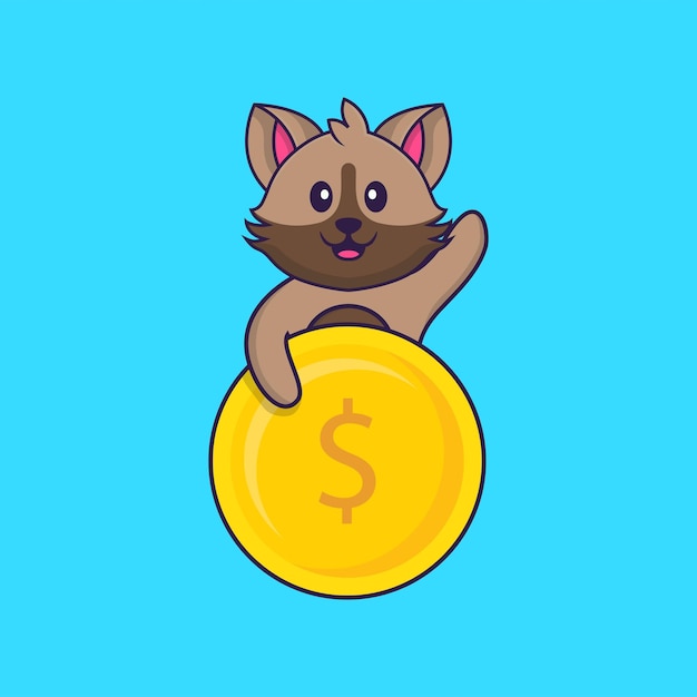 Gato bonito segurando moedas. conceito de desenho animado animal isolado.