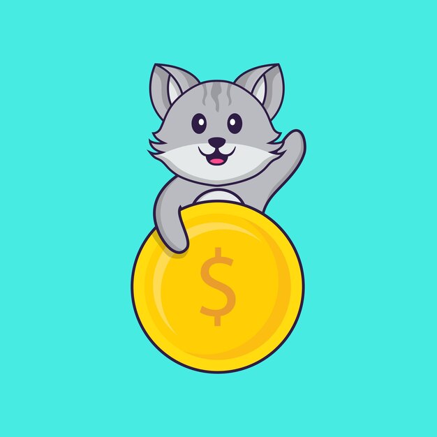 Gato bonito segurando moedas. conceito de desenho animado animal isolado.