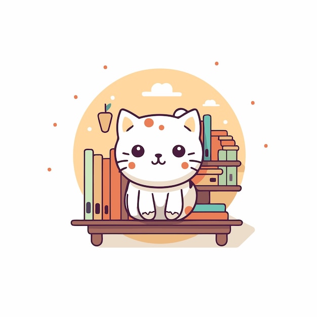 Vetor gato bonito sentado na estante de livros ilustração vetorial